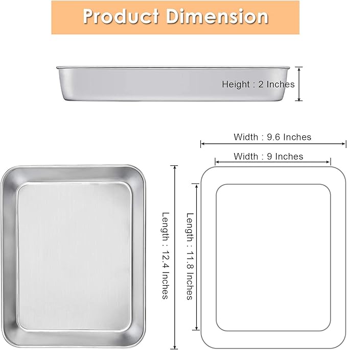 E-far Baking Pans Set of 2, 12.4” x 9.6” x 2” Stainless Steel Rectangular Cake Pans, Baking Sheet Pan for Lasagna Brownies Casseroles, Non-toxic & Healthy, Dishwasher Safe