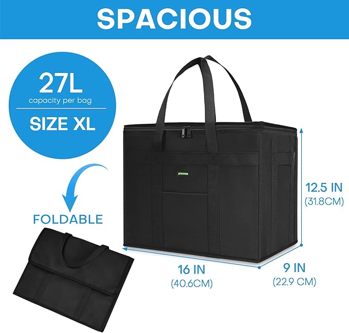JUNGYOON Heavy-Duty Insulated Grocery Bags & Picnic Basket – Collapsible Cooler Bag with Zippered Top | Reusable Shopping Bags for Groceries, Picnics, Beach (XL Black)