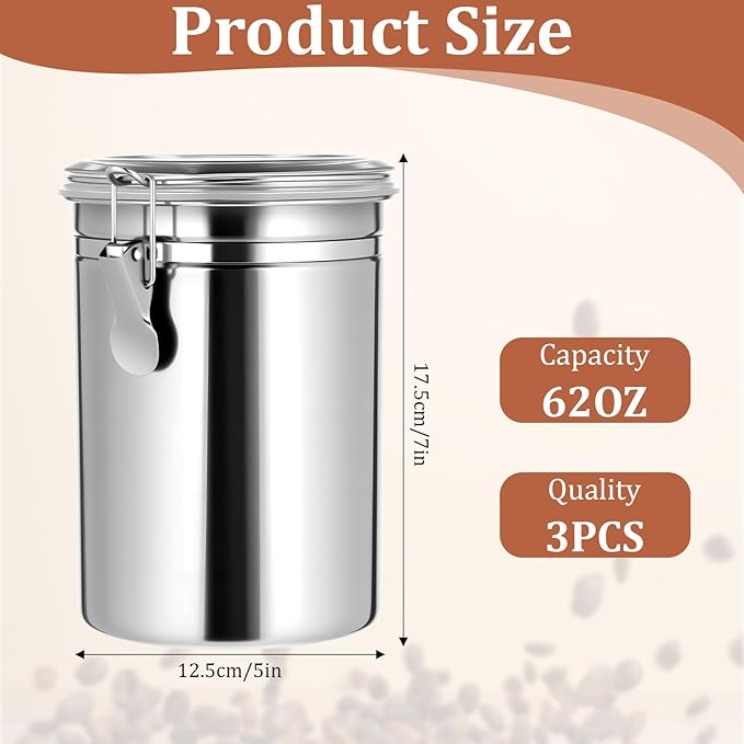 3 Pack Stainless Steel Canister Set Kitchen Airtight 62 oz Container Sets with Lids and Clamp Metal Containers for Coffee Sugar Flour Tea Spice