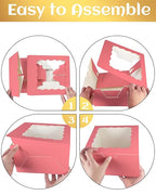 qiqee 8x8x5 Cake Box, 18 Sets Coral Orange Cake Box with Window ＆ 18 Sets 8" Coral Orange Cake Round Boards, 8inch Cake Containers