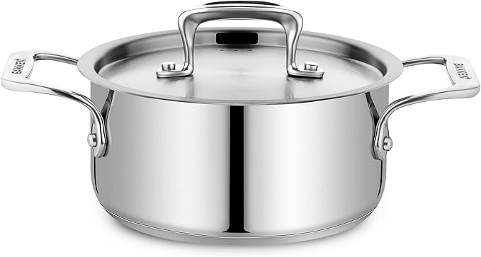 Stainless Steel Stockpot with Lid 2 Quart, Durable 18/8 Stainless Steel, Impact-Bonded Base for Even Heating, Riveted Handles, Oven & All Stove Compatible, Safe Up To 500°F (260°C)