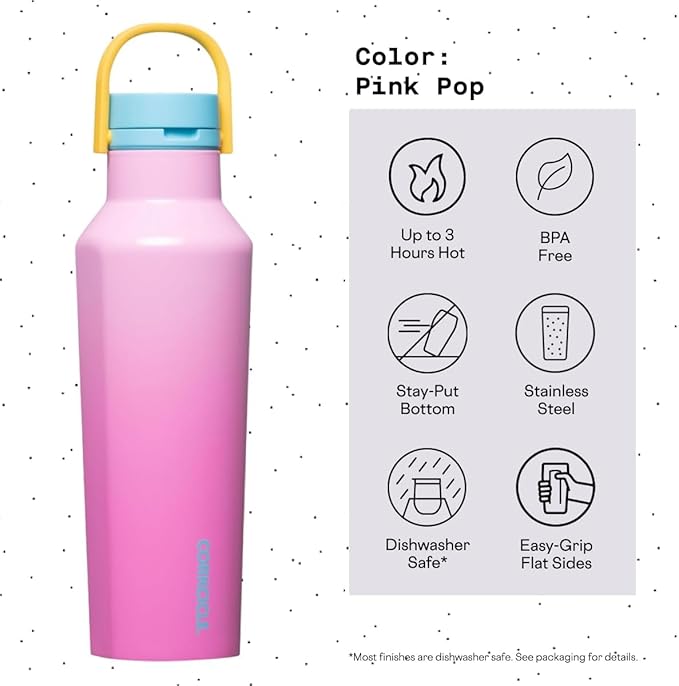 Corkcicle Sport Canteen Insulated Tumbler, Pink Pop, 20 oz – Reusable Water Bottle Keeps Beverages Cold for 25 Hours & Hot 12 Hours – Cupholder Friendly Tumbler with Screw-On Cap