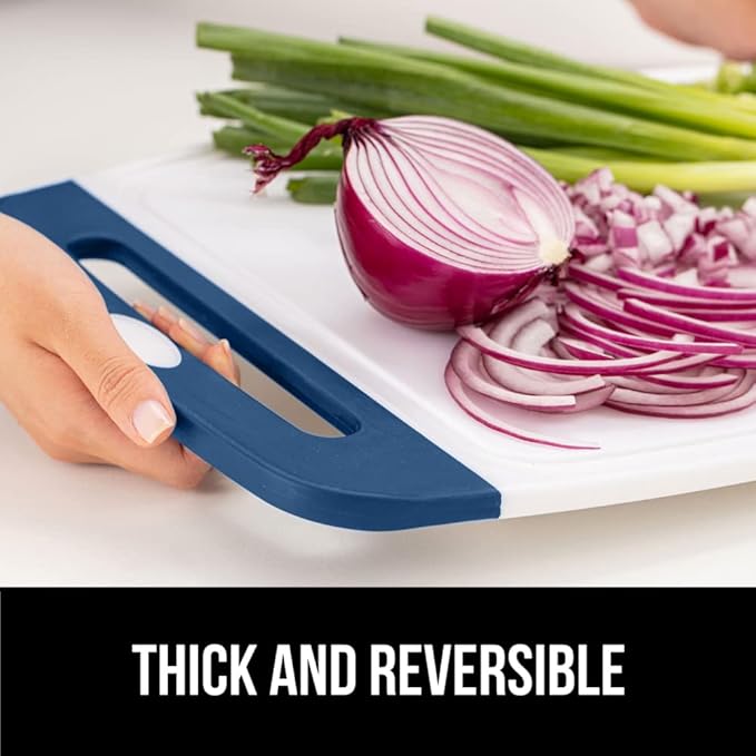 GORILLA GRIP BPA-Free Reversible Kitchen Cutting Board Set of 3, US Designed, Nonporous, Juice Grooves Catch Liquid, Slip Resistant Border, Dishwasher Safe, Durable Large Food Chopping Boards, Blue