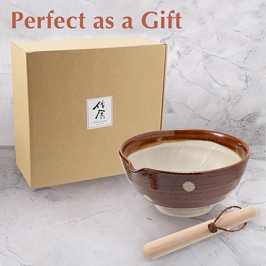 TIKUSAN Japanese Ceramic Ripple Ridge Mortar & Pestle Suribachi Bowl and Surikogi Set with Spout 7.1 inches Made in Japan (Brown)