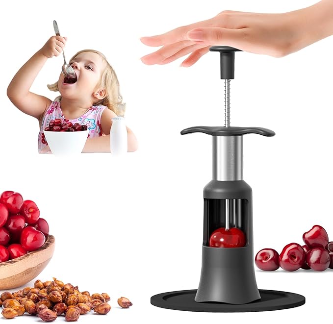 2 in 1 Cherry Pitter Remover Tool, Premium Quick Release Cherry Pitter, Press & Push Type, Large 33mm Cherry Seed Remover, Durable, Food Grade Stainless Steel & PP Plastic, More Labor Saving