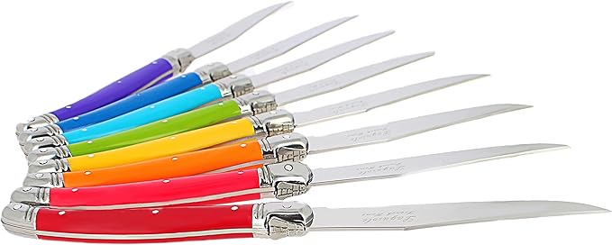 French Home Laguiole 8-Piece Steak Knife Set – Sophisticated Stainless Steel Dinner Knives with Rainbow Handles & Iconic Bee Emblem – Serrated Knives for Smooth Cutting (9.25")