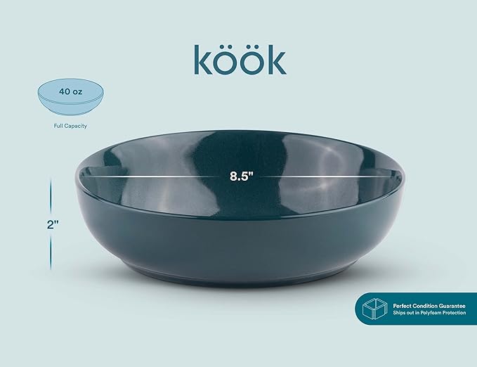 KooK Pasta Bowl, Salad Bowls, Soup, Serving Bowls, Ceramic, Large Capacity, Microwave & Dishwasher Safe, Set of 4, 40 Oz,(Dark Teal)