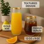 48 Pack Ribbed Origami Ripple Plastic Glasses 24 9oz Stemless Champagne Flutes & 24 12oz Cups BPA-Free, Disposable, Shatterproof Drinkware for Weddings, Bars, Events (Hammered Diamond Gold Rim)