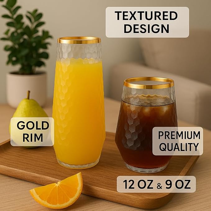 48 Pack Ribbed Origami Ripple Plastic Glasses 24 9oz Stemless Champagne Flutes & 24 12oz Cups BPA-Free, Disposable, Shatterproof Drinkware for Weddings, Bars, Events (Hammered Diamond Gold Rim)