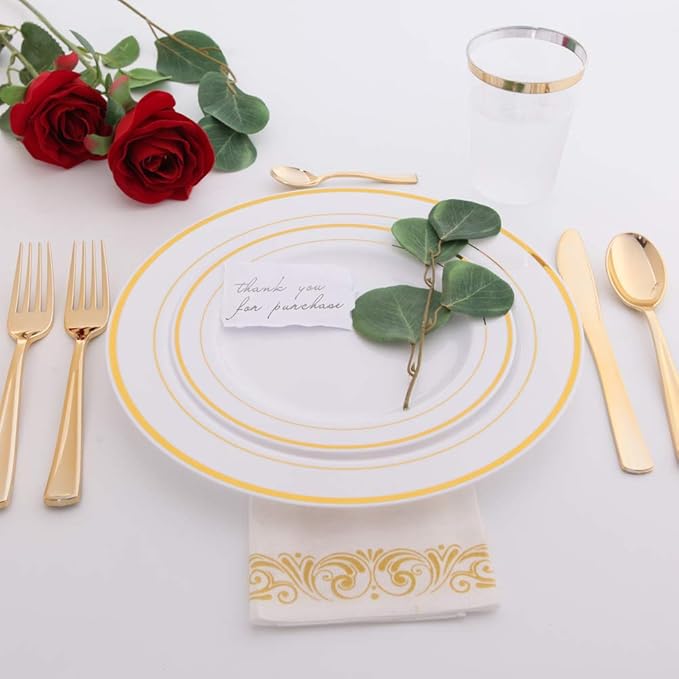 WDF 60PCS White Gold Plates Disposable - Gold Plastic Plates, Including 30-10.25inch Gold Dinner and 30-7.5inch Salad/Dessert for Thanksgiving