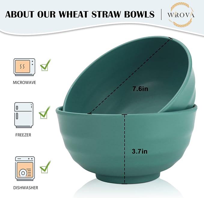 Wheat Straw Bowls Set 60 OZ Unbreakable Large Cereal Bowls Set of 6 Microwave and Dishwasher Safe Bowls Big Bowls for Dorm and Apartment BPA Free Soup Bowl for Serving Oatmeal and Salad (Green)