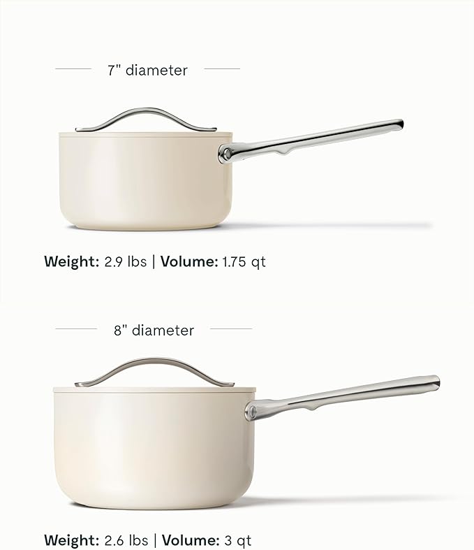 Caraway Nonstick Ceramic Sauce Pans with Lids (3 qt & 1.75 qt) - Non Toxic, PTFE & PFOA Free - Oven Safe & Compatible with All Stovetops (Gas, Electric & Induction) - Cream