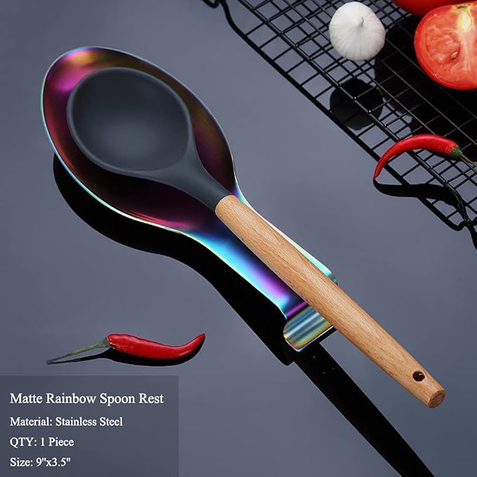 Matte Rainbow Spoon Rest, Stainless Steel Holder for Stove Top, Kitchen Utensils for Ladles, Tongs, Spatula, Pot Lid, Dishwasher Safe (1PC-9.5 Inch)