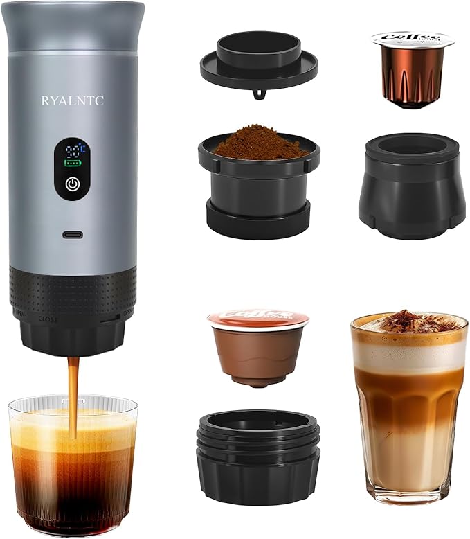 3-in-1 Portable Espresso Machine for Travel & Camping- 20 Bar Self-Heating Portable Coffee Maker with USB-C LED Display Car Coffee Maker, Compatible with Grounds&Capsules(Ns&DG) for RV,Hiking (Silver)