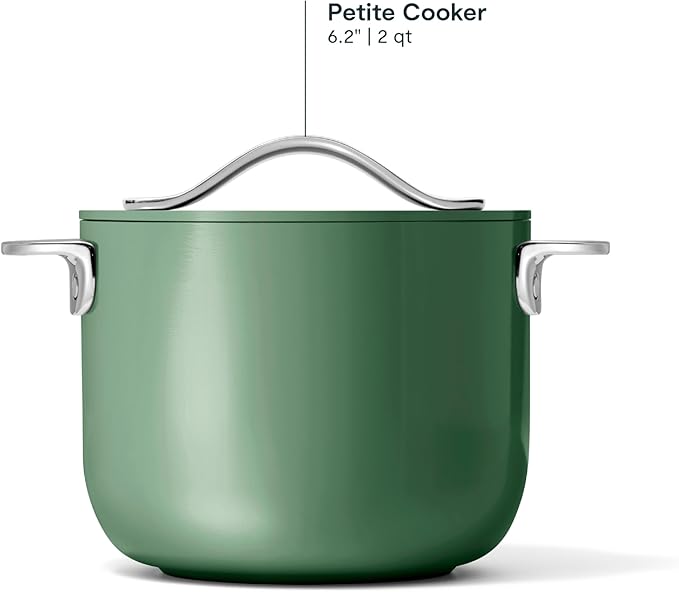 Caraway Petite Cooker - 2 Qt Ceramic Coated Pot - Free From Forever Chemicals - Perfect for Rice, Grains, or Sauces - Sage