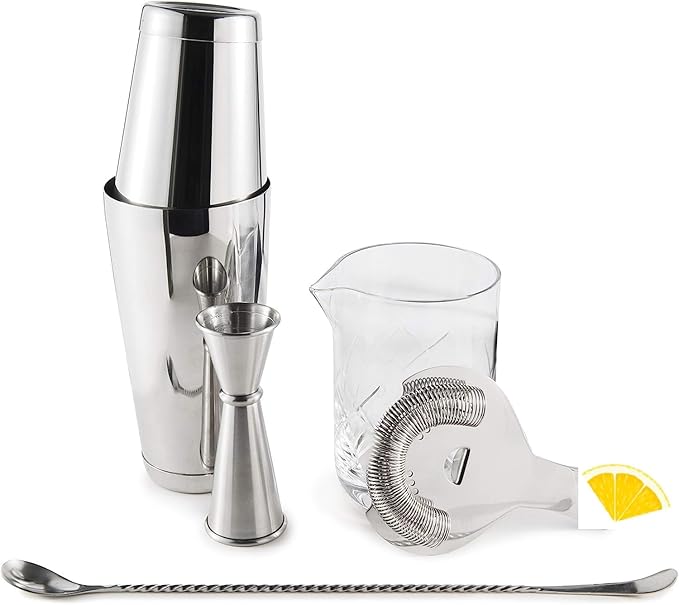 Cocktail Set - Stainless Steel, Essential Cocktail Set Includes Jigger, Hawthorne Strainer, Shaking Tins, Mixing Glass, Barspoon (Set of 6)