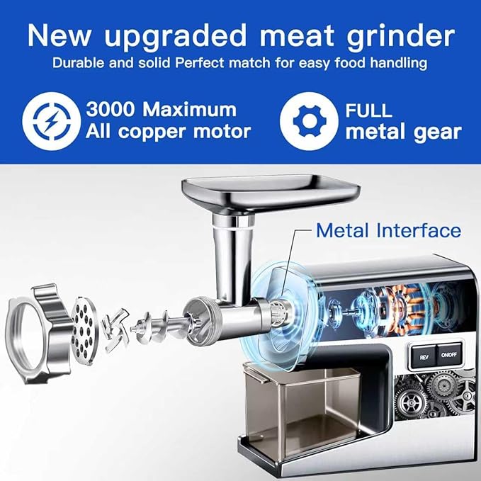 Electric Meat Grinder,3000 Max Stainless Steel Meat Mincer with 2 Blades,3 Grinding Plates,Food Pusher,Meat Claw,Sausage Stuffer Tubes & Kubbe Kit for Home & Kitchen Using