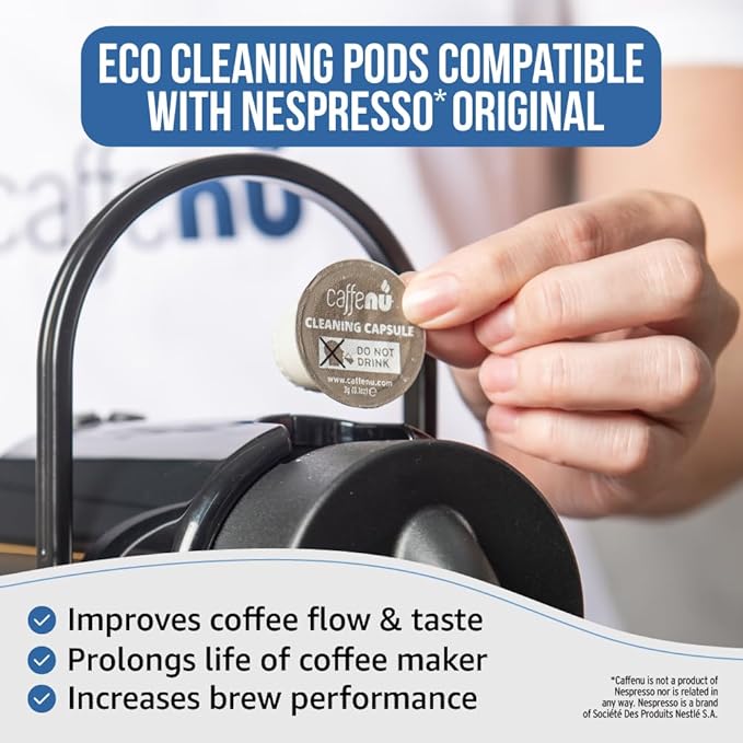 Nespresso Compatible Cleaning Pods. 5 Eco Cleaner Capsules. Improved Coffee Flavour. For Nespresso Originaline, Use with Descaling Kit.