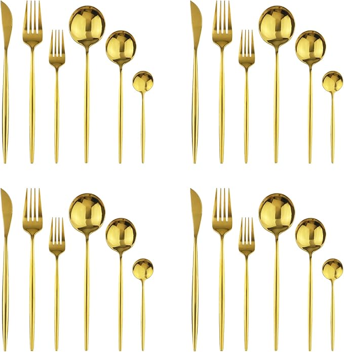 24Pcs Gold Mirror Silverware Flatware Set, 18/0 Stainless Steel Cutlery Set Utensils Kitchen Dinnerware Include Knife Fork Spoon and Teaspoon, Service for 4
