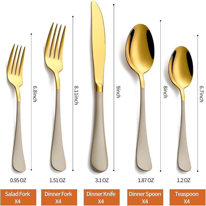 20 Piece Gold and Grey 18/0 Flatware Utensil Set for 4, Include Dinner Knife,Dinner Forks,Dinner Spoons,Salad Forks,Teaspoons,Silverware Set for 4, Dishwasher Safe