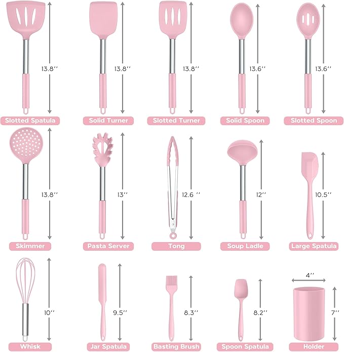 Silicone Utensils Set, Onader 15pcs Kitchen Cooking Utensils with Holder, Non-stick Cookware with Stainless Steel Handle, Kitchen Gadgets Tools Gift - Pink
