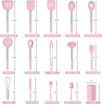 Silicone Utensils Set, Onader 15pcs Kitchen Cooking Utensils with Holder, Non-stick Cookware with Stainless Steel Handle, Kitchen Gadgets Tools Gift - Pink