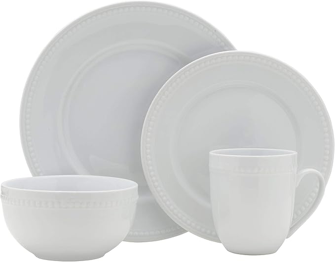 Everyday White by Fitz and Floyd, Beaded 16 Piece Dinnerware Set, Service for 4