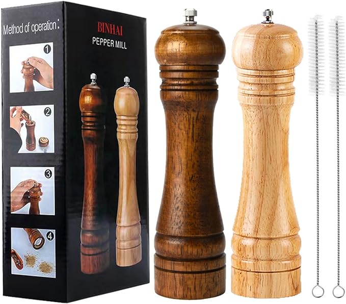Wooden Pepper Mill Set Salt Pepper Grinder Kit Manual Mills Solid with Strong Adjustable Ceramic Grinders 2 Piece 8 Inches