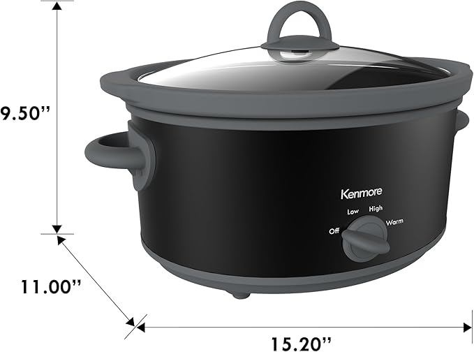 Kenmore Slow Cooker - 5 Lb Chicken 3 Lb Roast Mini Crock Pot With Glass Lid, Stainless Steel Electric Cookers, Warm Rice & Sous Vide Stew, Soup, Lunch, Dishwaher Safe Non-Stick Ceramic Insert, 5 Quart