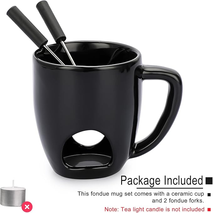 BSTKEY 230ML Personal Chocolate Fondue Mug Set, Ceramic Butter Warmer Set, Mini Melt Hot Pot Cup Set for Cheese Chocolate Butter Caramel, with 2 Forks (Black)