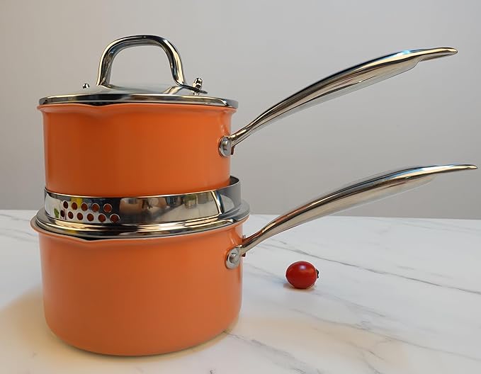 Nonstick Ceramic Saucepan 2.5 Qt,Sauce Pot with Strainer Lid,Two Side Spouts for Easy Pour with Ergonomic Handle,Non Toxic,PTFE &PFOA Free - Oven Safe Compatible with All Stovetops,Perracotta