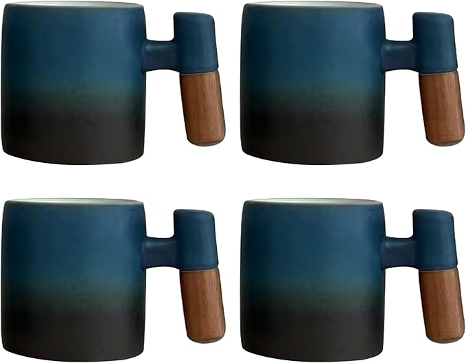 2-Oz Ceramic Espresso Cups with Wood Handle, 2/4-Piece Set for Coffee, Tea, Latte - Dishwasher Safe, Multi-Color & Wood Styles, Gift & Café Use (blue black, Wooden Handle4)