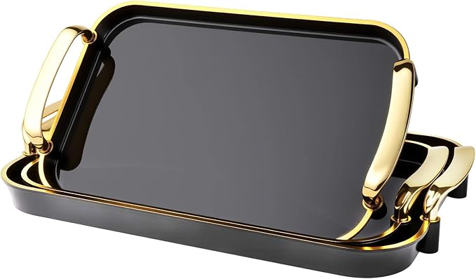 Set of 3 Serving Platters with Handles 16.5/15/13.2 Inch Reusable Large Serving Trays, Party Food Tray, Rectangular Dinner Plates for Cookie, Cake, Turkey, Cheese, Fruit, Snack(Black)