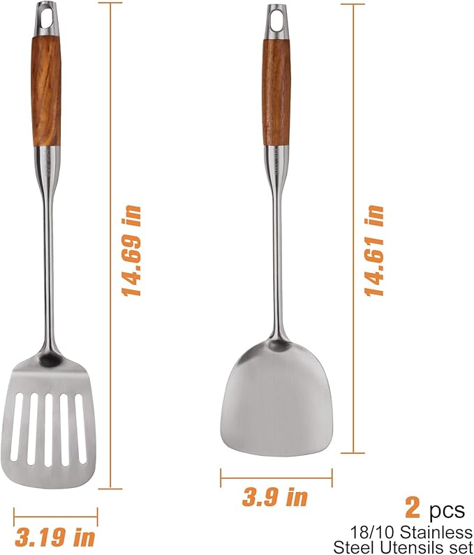 304 Stainless Steel Kitchen Utensils Set with Wooden Handle, 2 Pcs Heat Resistant Metal Cooking Utensils Set,Spatula
