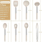 E-far Silicone Cooking Utensils Set, 7 Pcs Heat Resistant Kitchen Utensils with Stainless Steel Handle, Slotted Turner, Spoon, Soup Ladle, Pasta Server, Skimmer, Tongs for Nonstick Cookware, Khaki