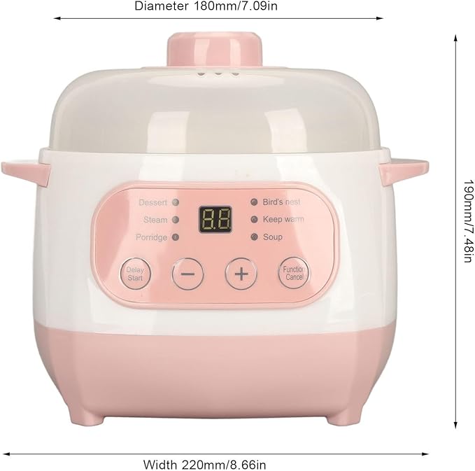Jiawu Electric Stew Pot, 200W 1L Digital Rice Cooker With Lid, Small Ceramic Cooker Built-in Timer, Makes Soups, Porridges, Grains and Cereals for Individuals (US)