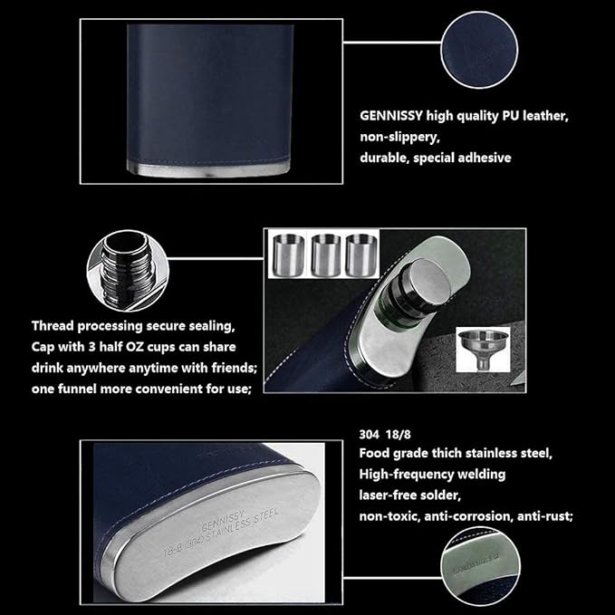 GENNISSY 8oz Hip Flask for Men - 304(18/8) Stainless Steel Bourbon Whiskey Flask, Leakproof with Navy Blue Leather Wrap - Includes Funnel & 3 Mini Cups for Dad, Gifts, Travel