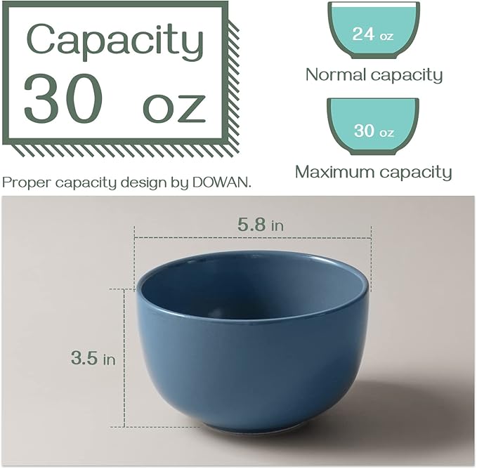 DOWAN 5.8" Deep Soup Bowls & Cereal Bowls - 30 Ounces Large Bowls Set of 4 for Kitchen - Ceramic Bowls for Cereal, Soup, Oatmeal, Salad, Ramen, Noodle, Rice - Dishwasher & Oven Safe (Airy Blue)