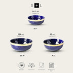 Stone Lain Florian Porcelain 3-Piece Round Bowl Service Set, Blue with Gold Rim