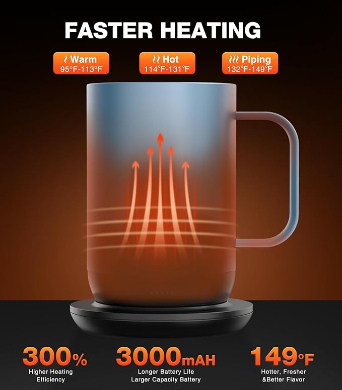Self-Heating Coffee Mug T1-16oz, Fast Heating Rechargeable Heated Coffee Mug, Smart Mug with App & Button Control, Ideal Gift for Coffee Lovers & Hot Drink Enthusiasts
