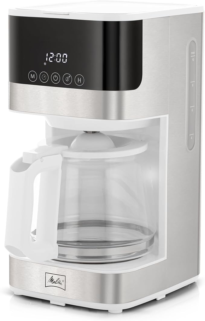 Melitta Aroma Tocco Glass Drip Coffee Maker | Programmable Coffee Machine | Glass Carafe Coffee Pot | 10 Cup Coffee Maker | Touch Control Panel | Stainless Steel accented | White