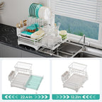 2 Tier Large Dish Drying Rack - Extendable Dish Rack, 2-in-1 Anti-Rust Stainless Steel Dishrack for Kitchen Counter and Sink, Dish Strainer with Utensil Holder & Cup Holder(White)