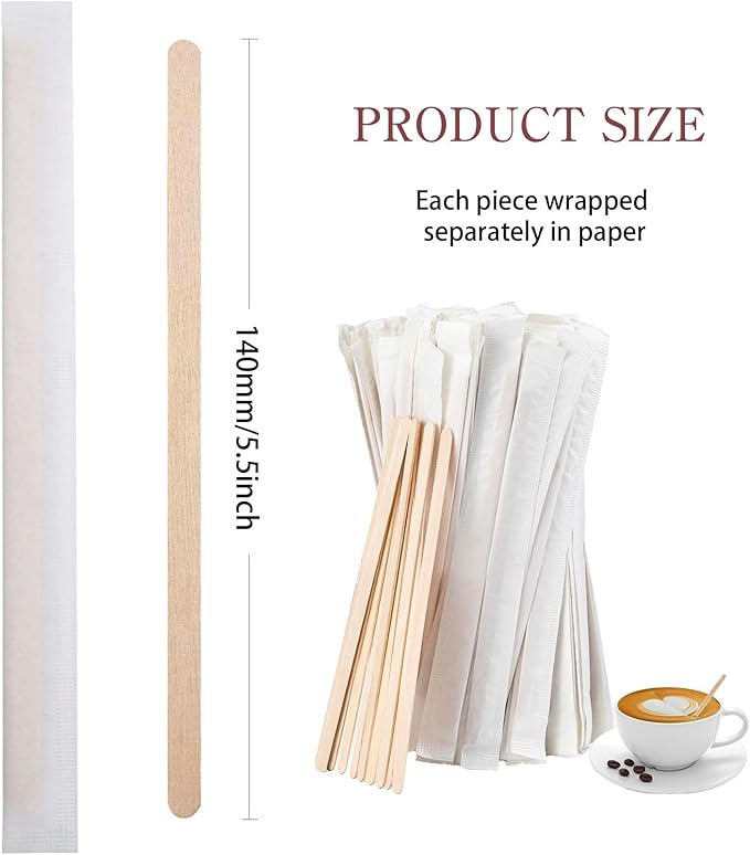 2200 Pcs Individually Wrapped Wooden Coffee Stirrers 5.5 Inch Disposable Cocktail Stir Sticks Wood Round End Stirrers for Hot Drinks Home Office Restaurant Bar