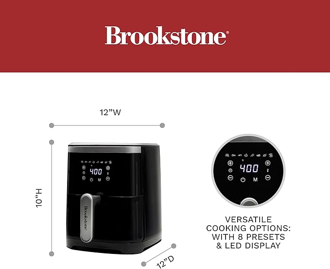 Brookstone Air Fryer – 4.5 Qt, 1300W Large Capacity Fryer with LED Display, 8 Presets, Adjustable Temp, Oil-Free Kitchen Appliance for Baking, Roasting, Frying, Healthy Crispy Meals, Black
