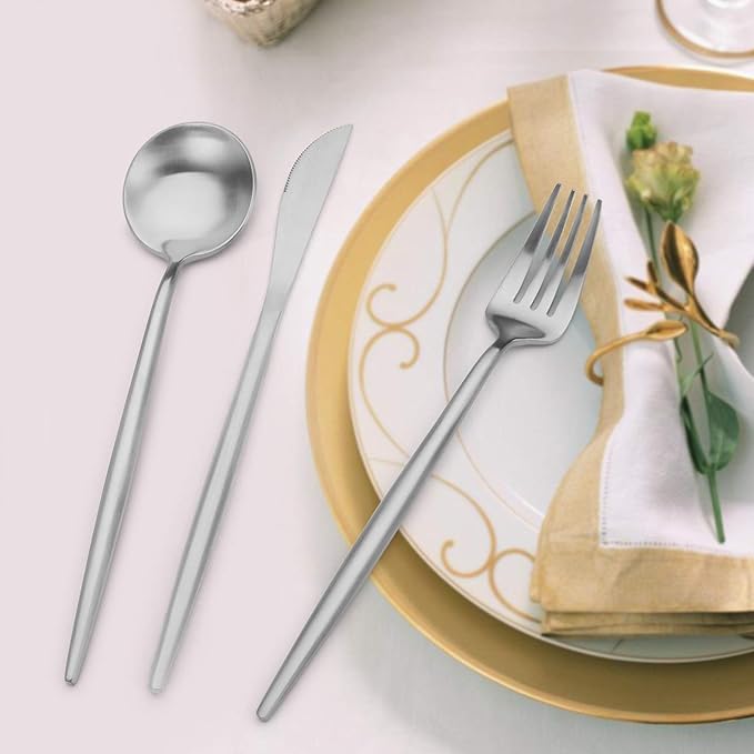 Matte Silverware Set, Oliviola 40-Piece Stainless Steel Flatware Cutlery Set Service for 8, Satin Finish Kitchen Utensil Set, Dishwasher Safe