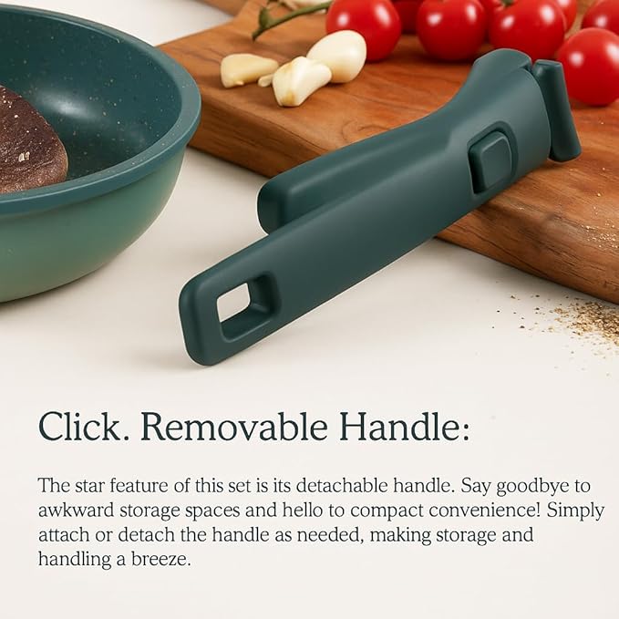 Ombré Ceramic Titanium Non-Toxic, Nonstick Cookware Set 8-Piece Modular System with Removable Handle and Magnetic Lid, Magnetic Spatula, Eco-Friendly, Oven & Dishwasher Safe (Green)