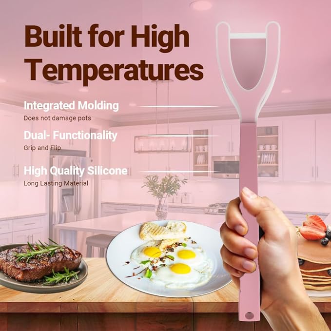 Silicone Egg Flipper Spatula Tongs (Set of 1) – Non-Stick 2-in-1 Grip & Flip Kitchen Tongs for Pancakes, Fish, Eggs, and More – Heat Resistant Cooking Tool (Black) (Pink)
