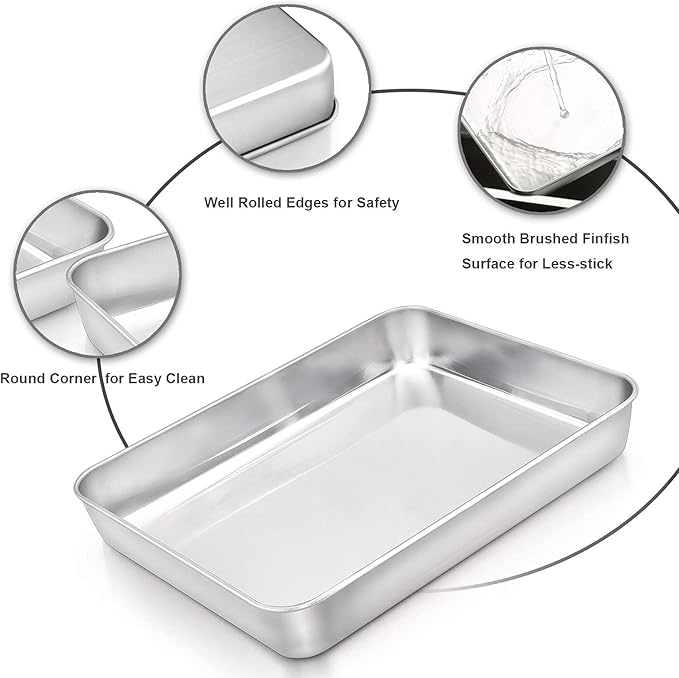 E-far Baking Pans Set of 2, 12.4” x 9.6” x 2” Stainless Steel Rectangular Cake Pans, Baking Sheet Pan for Lasagna Brownies Casseroles, Non-toxic & Healthy, Dishwasher Safe