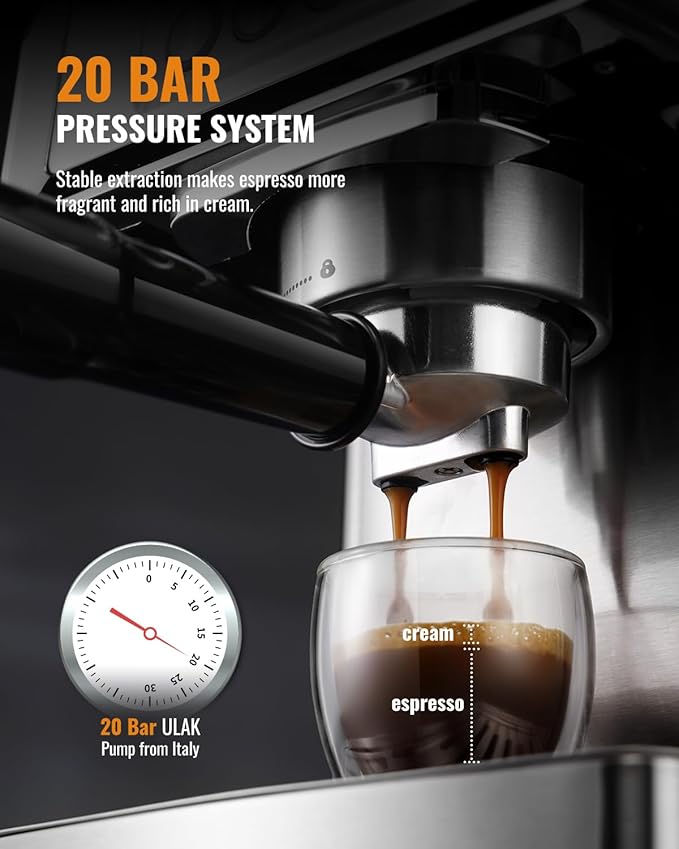 SHARDOR 20-Bar Espresso Machine for Home Barista, Built-In Steam Wand for Latte & Cappuccino, Stainless Steel Coffee Maker with Temp Display, 1350W, 60oz Water Reservoir