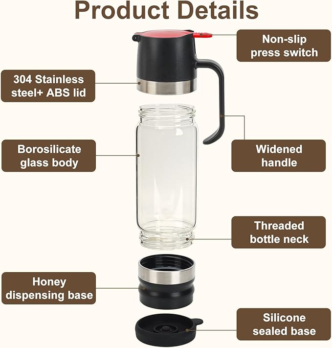 12 Oz Glass Honey Dispenser Pot with Silicone Base No Drip Honey Container Jar, Maple Syrup Dispenser with Handle for Pancake, Coffee or Tea Black